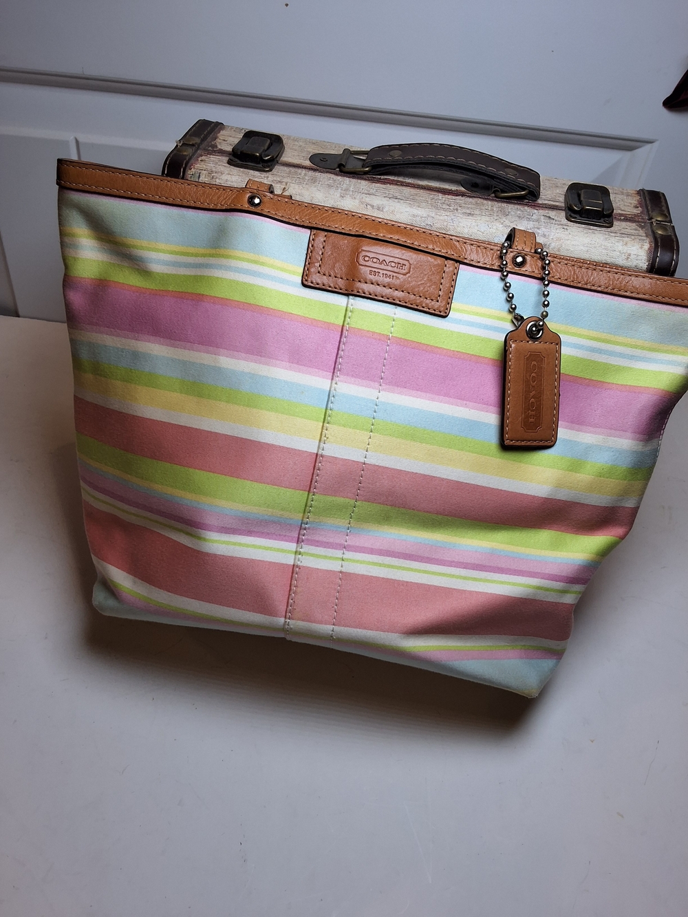 Coach Multicolor Striped Canvas Tote with Leather Trim